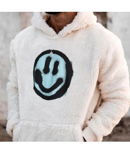 Men's Oversized Smiley Print Sherpa Hoodie