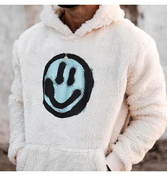 Men's Oversized Smiley Print Sherpa Hoodie