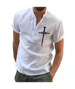 Christian Jesus Cross Print Men's Henley Short Sleeve Shirt