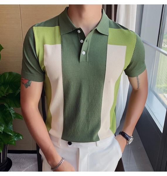 Men's Casual Personality Contrast Knitted Polo Shirt