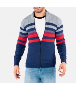 Men's Zip Open Striped Contrast Knit Cardigan Sweater