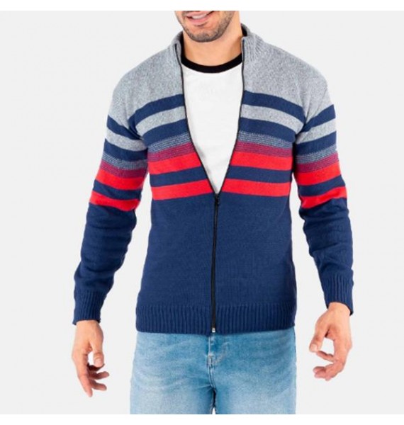 Men's Zip Open Striped Contrast Knit Cardigan Sweater