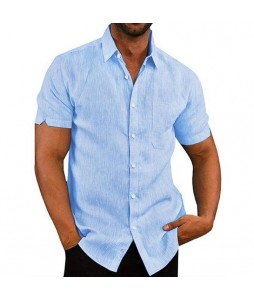 Men's Solid Color Short-Sleeved Linen Buttons Shirt