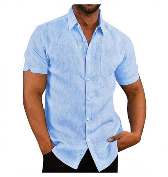 Men's Solid Color Short-Sleeved Linen Buttons Shirt