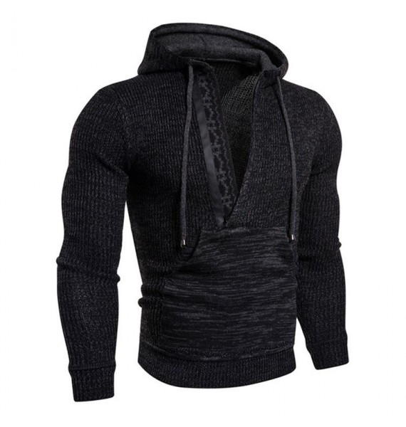 Men's Patchwork  Hooded Drawstring Sweater