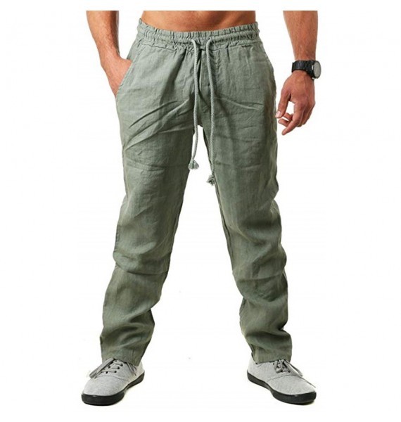 Men's Casual Cotton Linen Loose Drawstring Waist Trousers