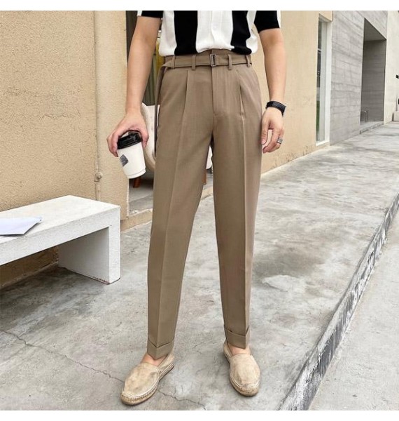 Mens slim high-waisted all-match straight trousers