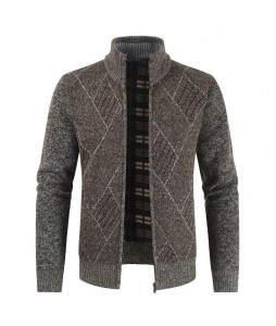 Men's Stand Colr Patchwork Pid Fleece Sweater Cardigan