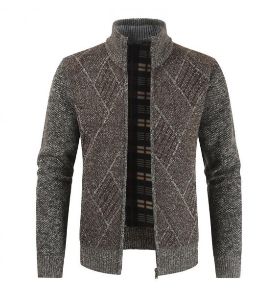 Men's Stand Colr Patchwork Pid Fleece Sweater Cardigan