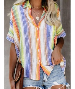 Striped Cotton And Linen Short-sleeved Blouse