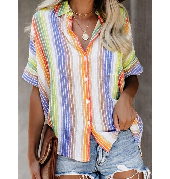 Striped Cotton And Linen Short-sleeved Blouse