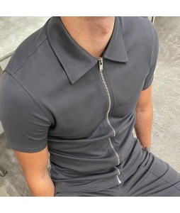 Solid color zip slim-fit polo shirt