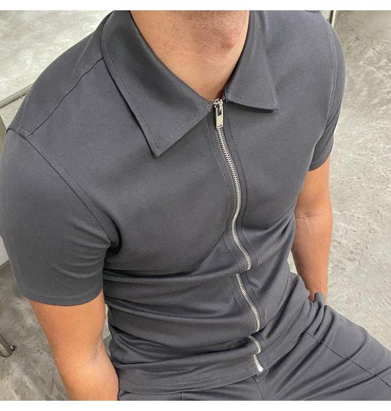 Solid color zip slim-fit polo shirt