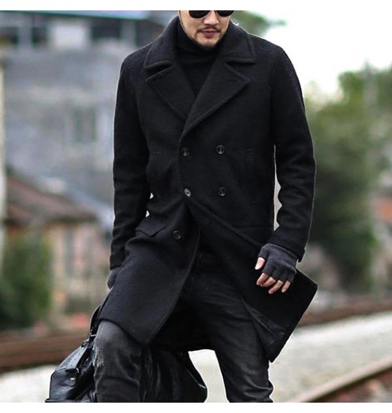 Men's Double Breasted Mid Length pel Woolen Trench Coat