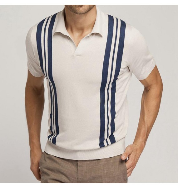 Striped Slim Knit Short Sleeve Polo Shirt