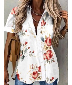 Casual Loose Floral Print Cardigan Short Sleeve Blouse