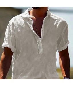 Men's Casual Solid Color Cotton Linen Half Open Colr Shirt