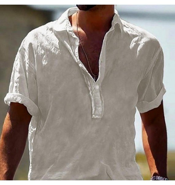 Men's Casual Solid Color Cotton Linen Half Open Colr Shirt