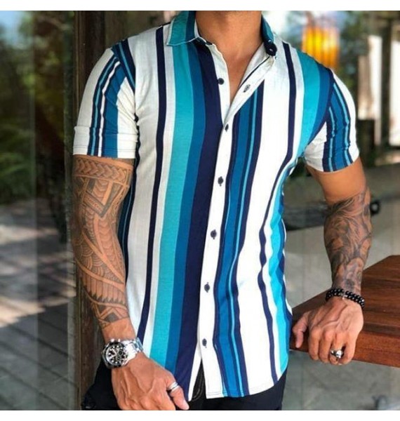 Casual striped print slim short sleeve shirt