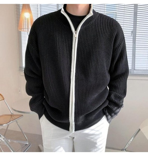 Men's Elegant Contrast Knit Zip-Up Casual Cardigan