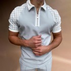 Men's Casual Houndstooth Pattern Print Color Matching Short Sleeve Zipper Polo Shirt