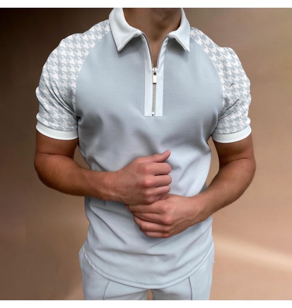 Men's Casual Houndstooth Pattern Print Color Matching Short Sleeve Zipper Polo Shirt