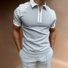 Men's Casual Houndstooth Pattern Print Color Matching Short Sleeve Zipper Polo Shirt