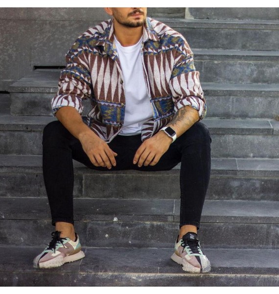 Men's Casual Colorblock Geometric Pattern Shirt Jacket