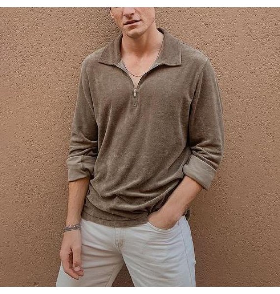 Men's Fashion Casual Basic Loose Polo Neck Long Sleeve T-Shirt