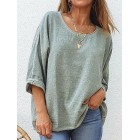 Pure Color Loose Long-sleeved Round Neck Casual Pullover Blouse