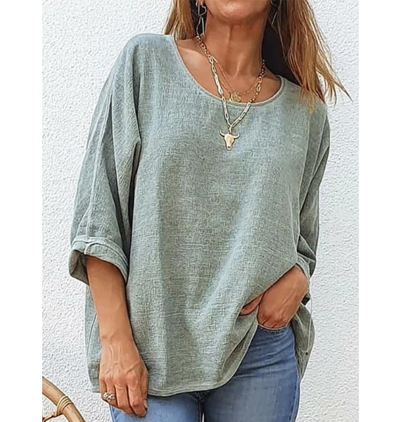 Pure Color Loose Long-sleeved Round Neck Casual Pullover Blouse