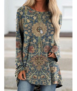 Round Neck Casual Loose  Print Long Sleeve Shirt