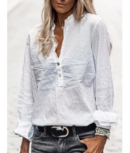 Long Sleeve Pin Casual V Neck Blouse