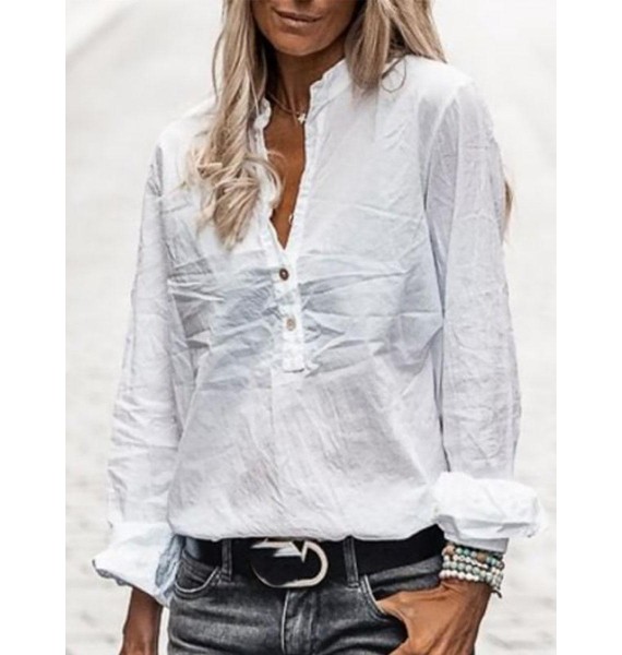 Long Sleeve Pin Casual V Neck Blouse