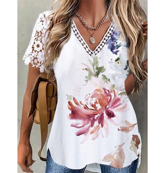 dies Elegant ce Sleeves ce Patchwork Floral V-Neck Top