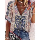 V-neck Zip-up Loose Casual Floral Print Short Sleeve Blouse