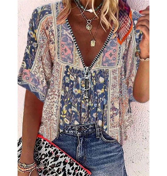 V-neck Zip-up Loose Casual Floral Print Short Sleeve Blouse