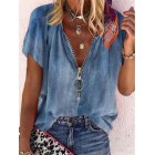 V-neck Zip-up Loose Casual Floral Print Short Sleeve Blouse