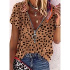 V-neck Zip-up Loose Casual Floral Print Short Sleeve Blouse