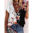 V-neck Zip-up Loose Casual Floral Print Short Sleeve Blouse