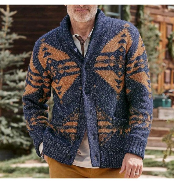 Men's Retro Tribal Ethnic pel Jacquard Long Sleeve Sweater Cardigan