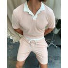 Textured Solid Color Polo Shirt Set