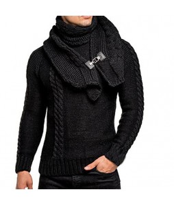 Men's Detachable Scarf Colr Long Sleeve Pullover Sweater