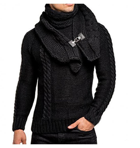 Men's Detachable Scarf Colr Long Sleeve Pullover Sweater