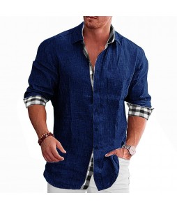 Men's Check Print Contrast Long Sleeve  pel Shirt