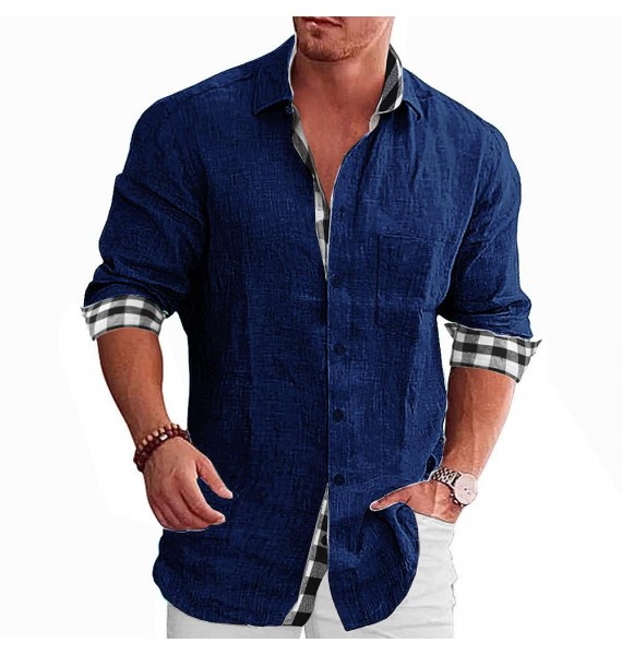 Men's Check Print Contrast Long Sleeve  pel Shirt