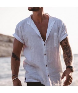 Mens fashion solid color linen casual shirt