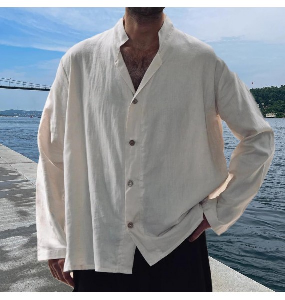 Men's Casual Cotton Linen Long Sleeve Shirt