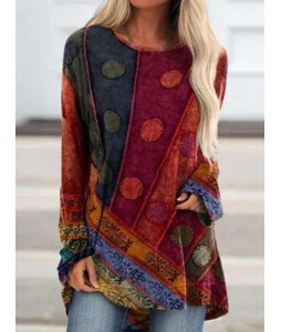 Casual  Ethnic Print Crew Neck Long Sleeve Shirt