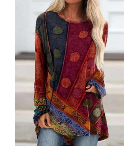 Casual  Ethnic Print Crew Neck Long Sleeve Shirt